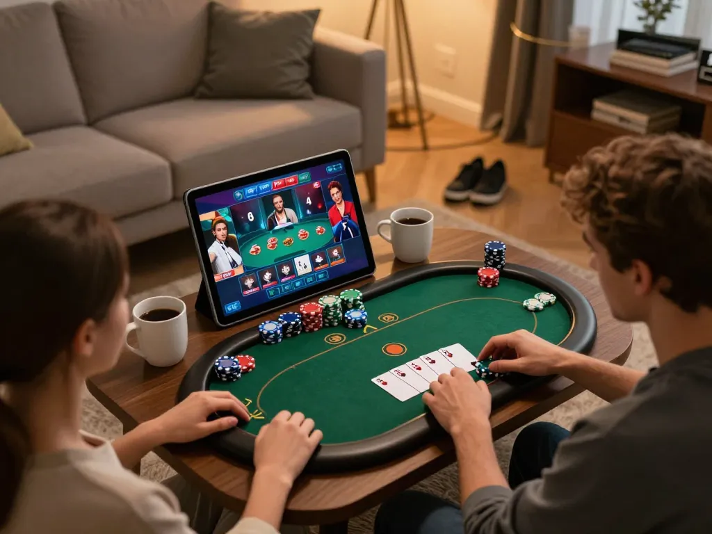 Engaged players strategizing in top 10 game bài during an online poker session at home.