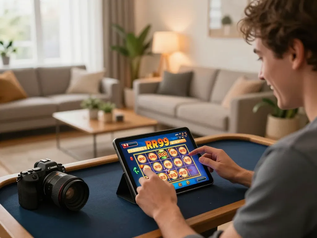 Player engaged in RR99 mobile gaming with vibrant setup in cozy living room