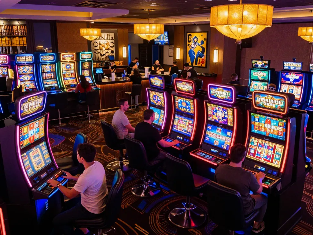 Pemain aktif menikmati Bandar Togel Slot di mesin slot kasino yang terang benderang