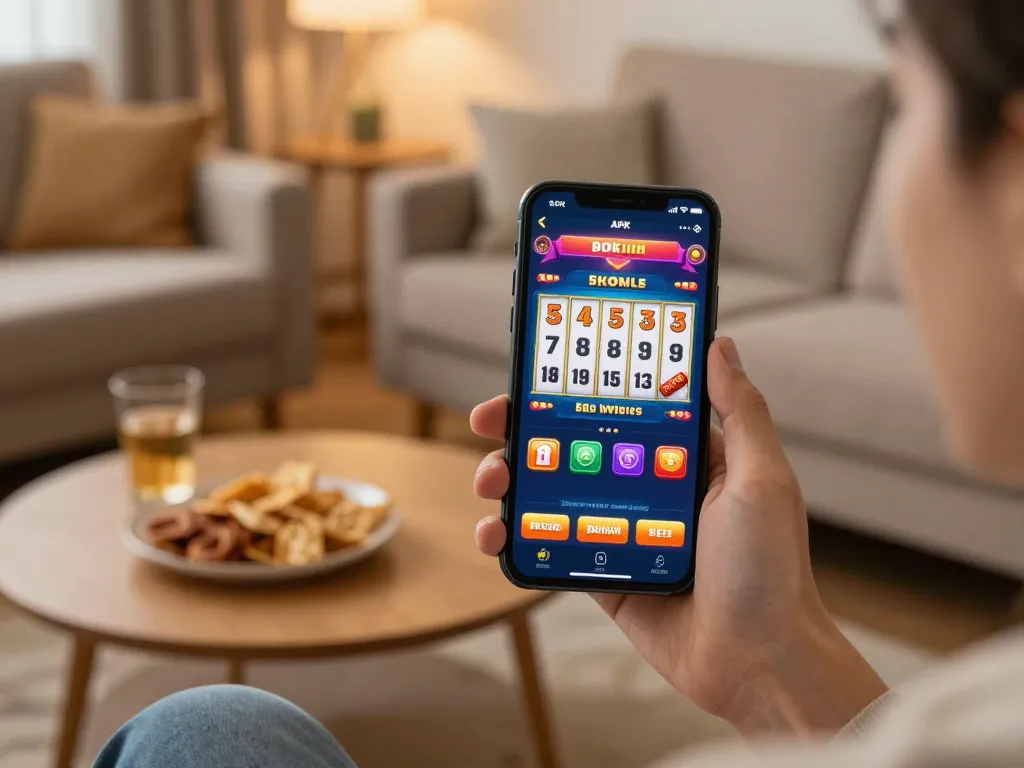 Permainan yang menarik di apk slot ditampilkan di smartphone dalam lingkungan ruang tamu yang nyaman.