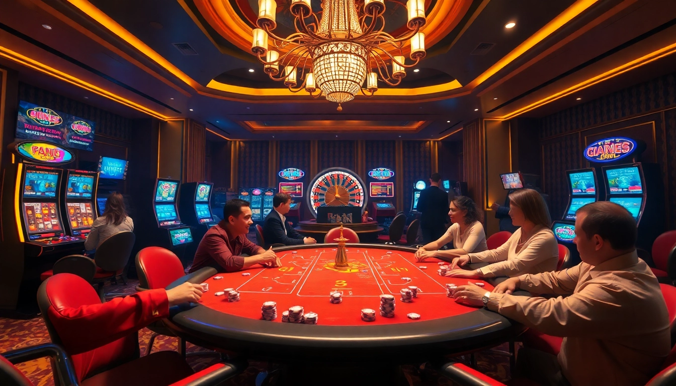 Engaging gamblers at a luxury casino showcasing nhacaiuytin betting tables and vibrant slot machines.