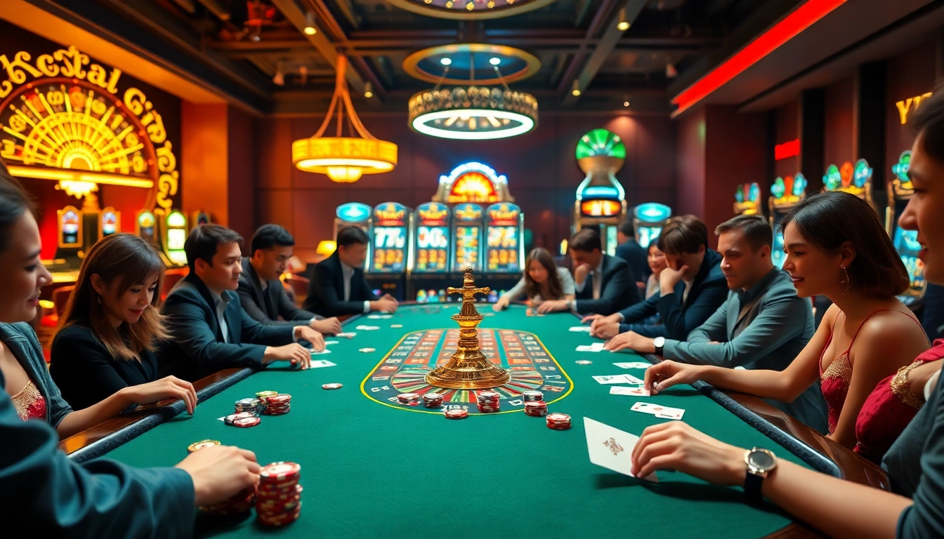 Experience the excitement at trang chủ tt88, featuring a luxury casino scene with vibrant tables and engaged players.