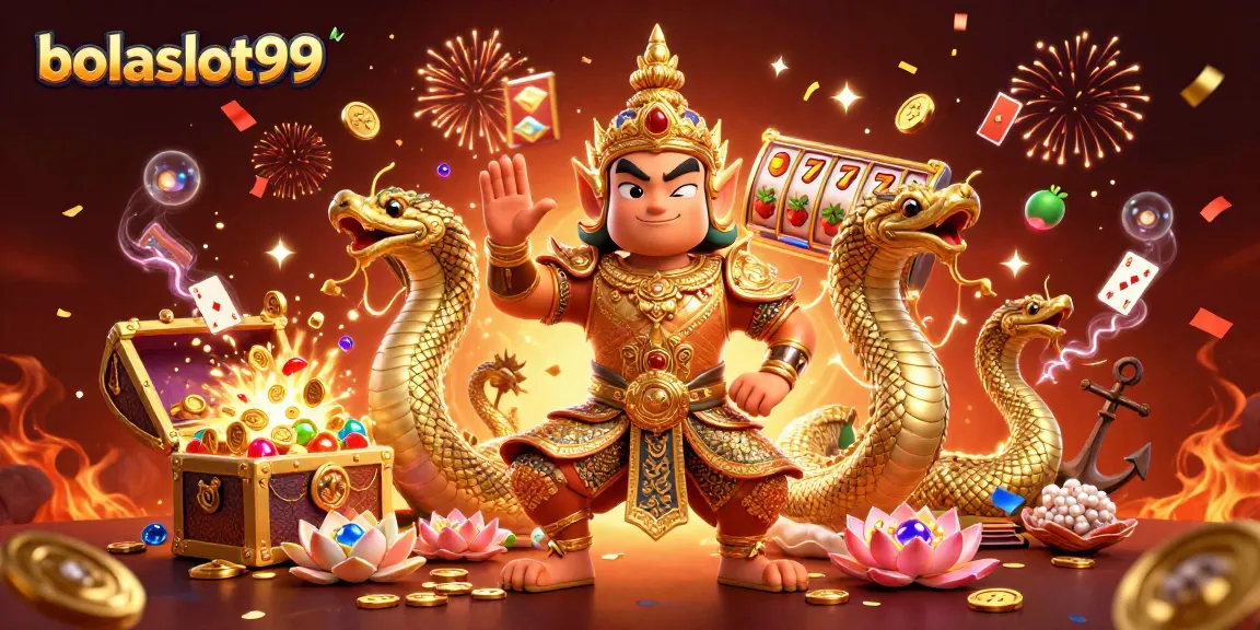 Experience thrilling wins with bolaslot99 featuring vibrant Thai temple guardian and slot game elements.