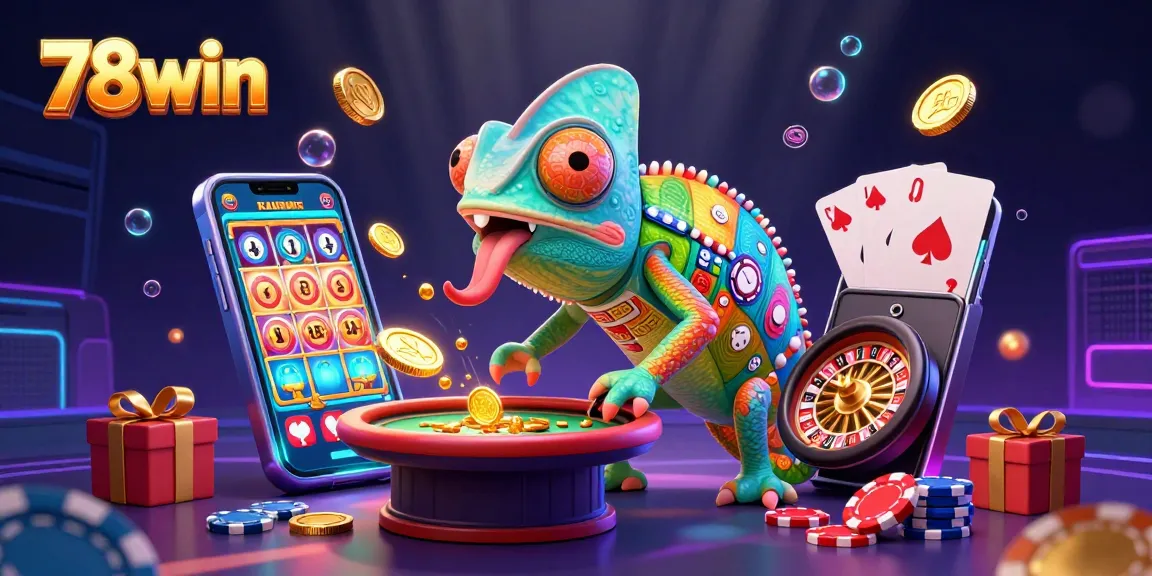 Engage with 78win's vibrant casino scene, featuring a colorful chameleon and exciting games.