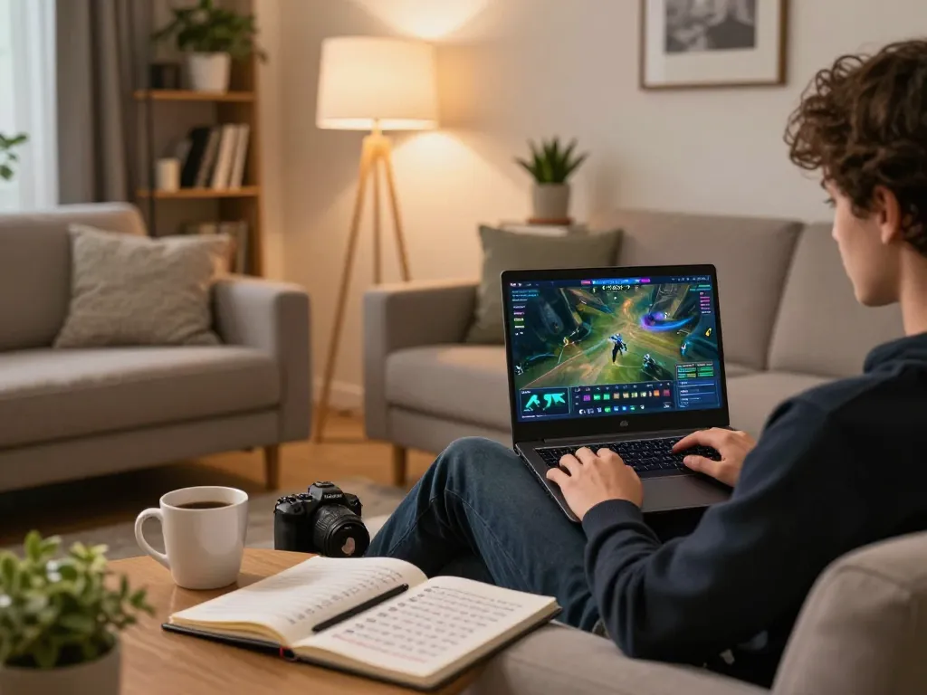 LIGALGO platform shown on a laptop during an engaging home gaming session with strategic notes.