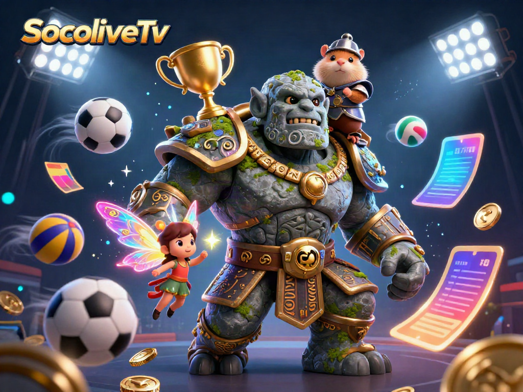 SocoliveTv showcases a vibrant 3D scene of a golem guardian and friends celebrating sports victories.