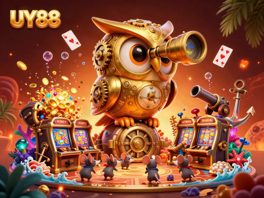 Engage in thrilling gameplay at UY88 with a whimsical 3D illustration showcasing a clockwork owl amidst vibrant casino treasures.