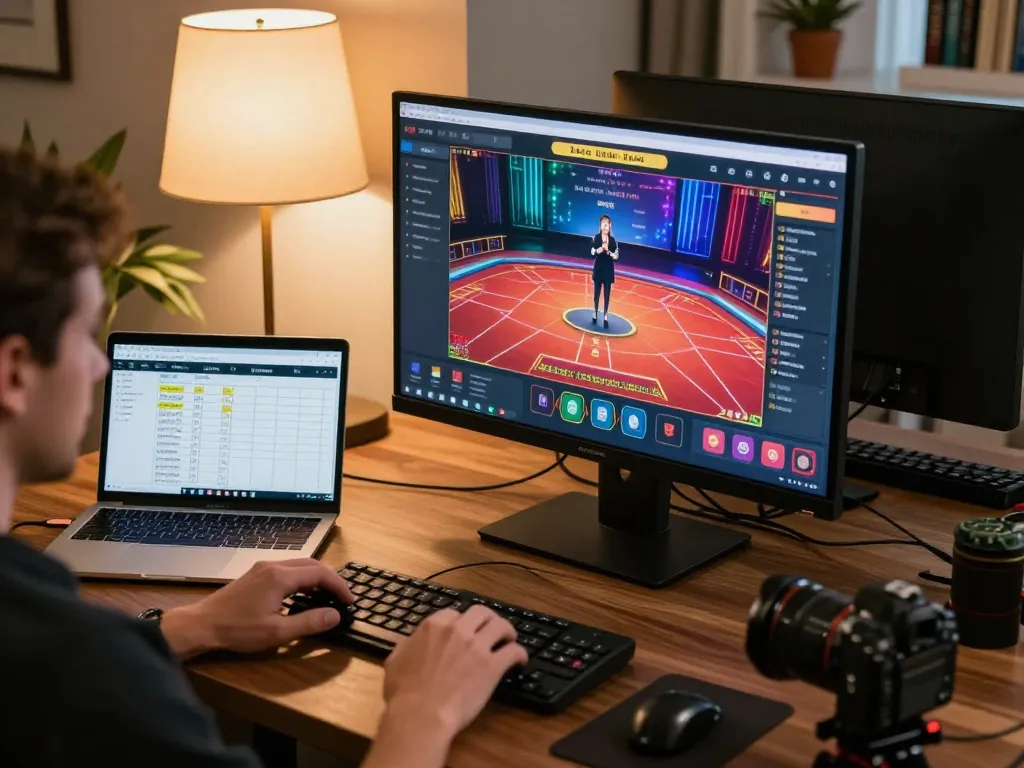 Engaging in online gaming with DH88, showcasing a strategic home gaming setup and live dealer game.