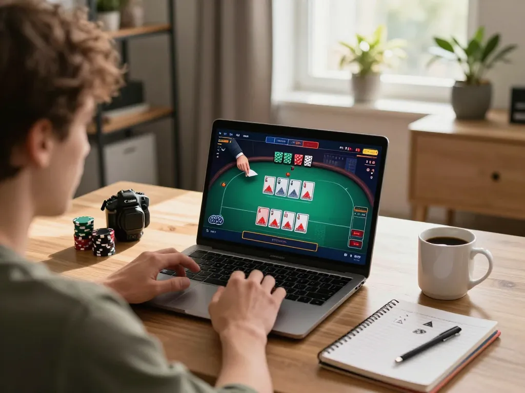 Engage in online poker at dn88, featuring players' cards and strategies in a cozy home office.