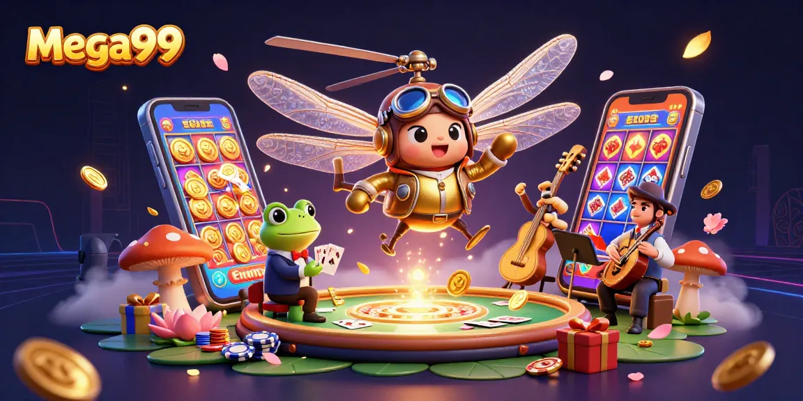 Engage with mega99's vibrant casino world featuring slots, games, and dynamic characters.
