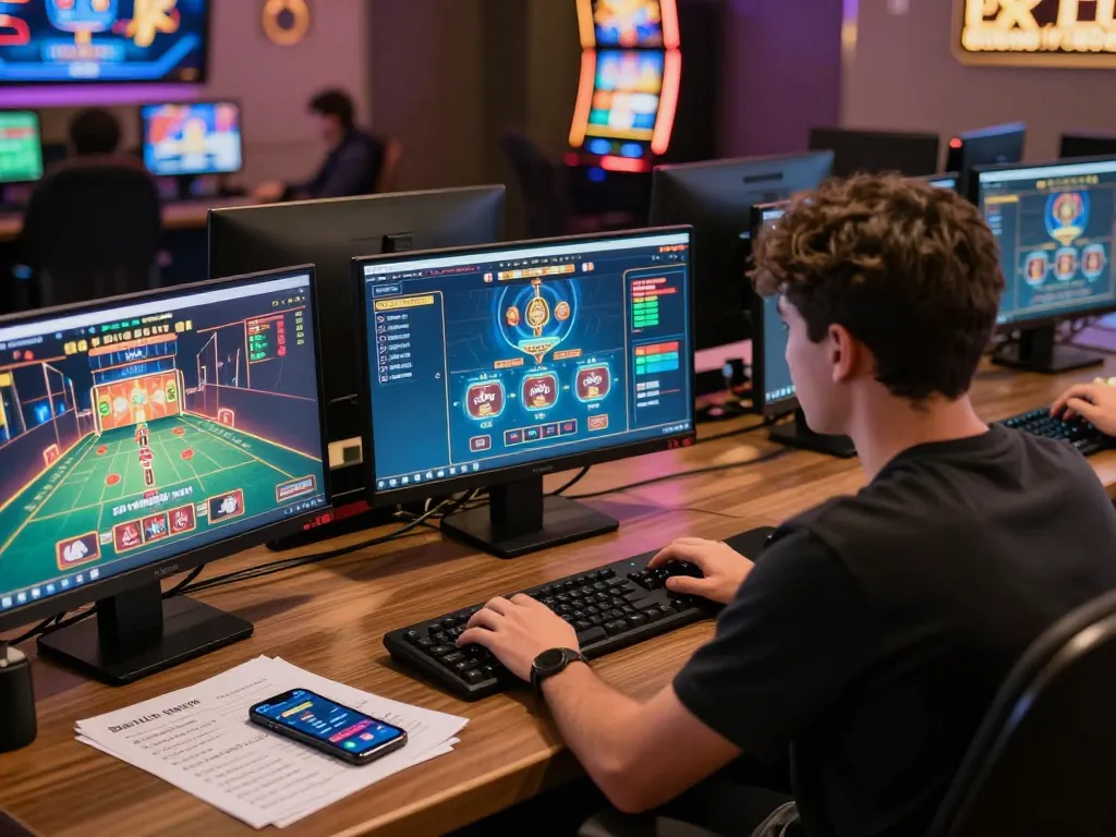 Engaging online gaming scene with LGOSUPER games displayed on multiple screens, highlighting strategic play.