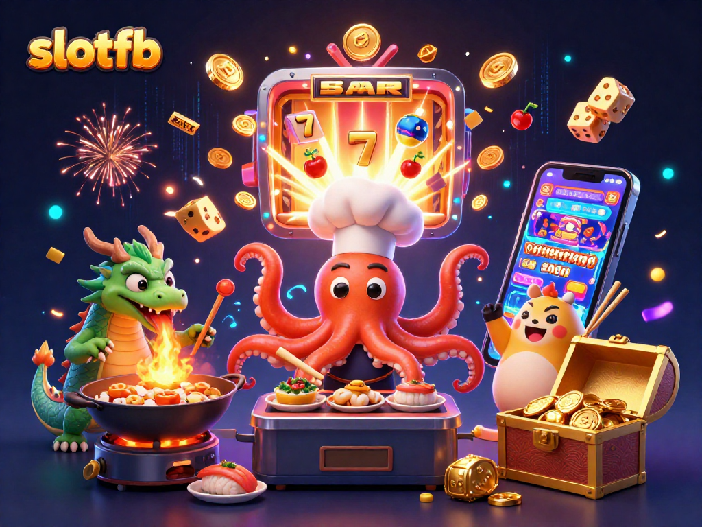 Celebrate your wins at SLOTFB with a dynamic scene of characters enjoying casino fun amidst vibrant slot action!