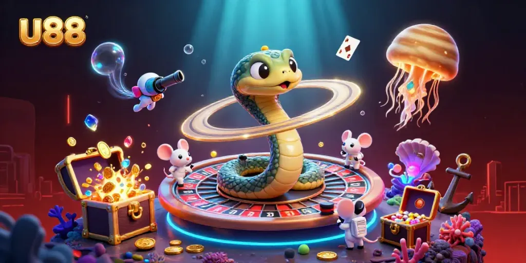 Experience thrilling bets in a vibrant u 88 casino scene with cartoon characters and rich game elements.