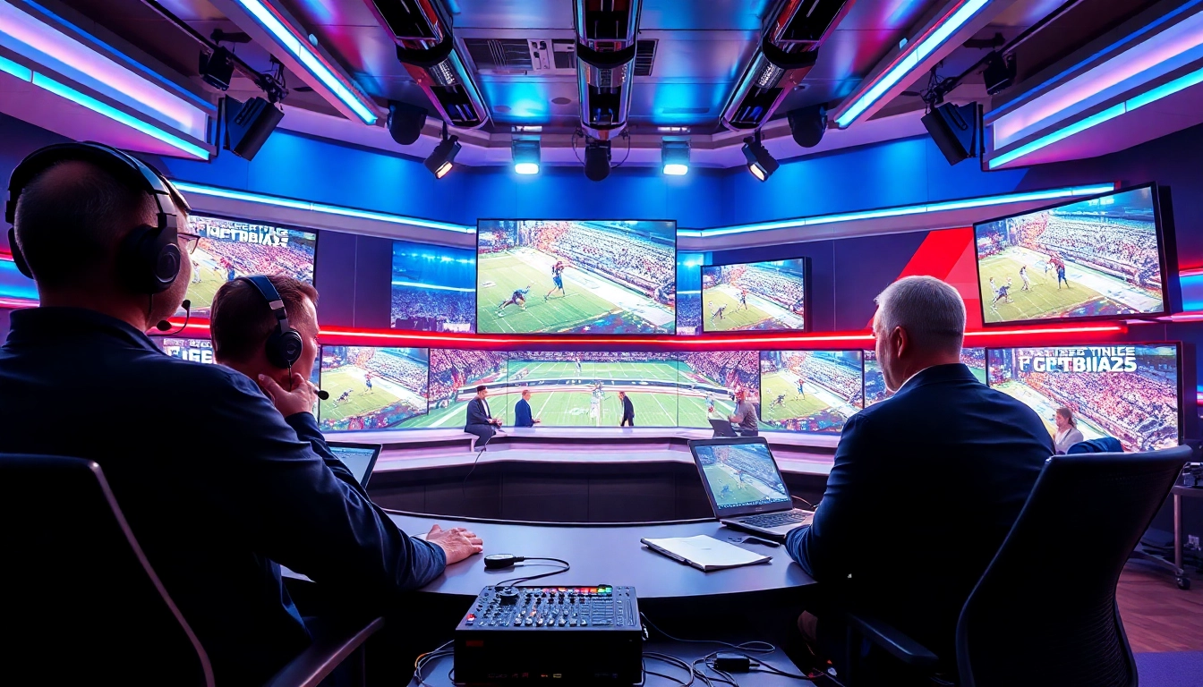Engaging scene of sports broadcasting featuring live analysis and dynamic visuals.
