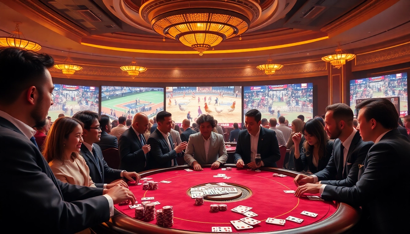 BJ88 đá gà live-stream action at a luxurious casino table with excited gamblers.