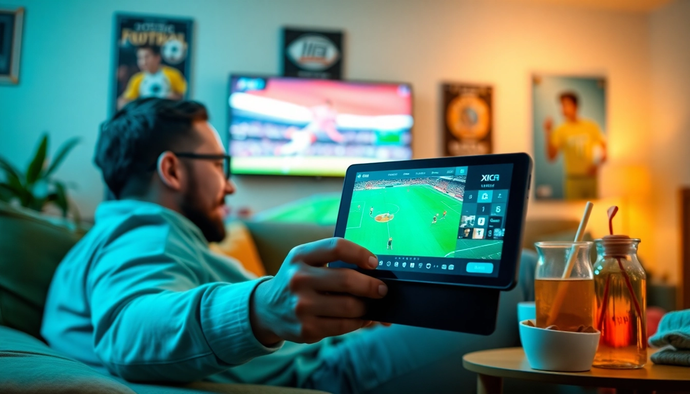 Xoilac TV live sports streaming experience on a smart device with a vibrant atmosphere.