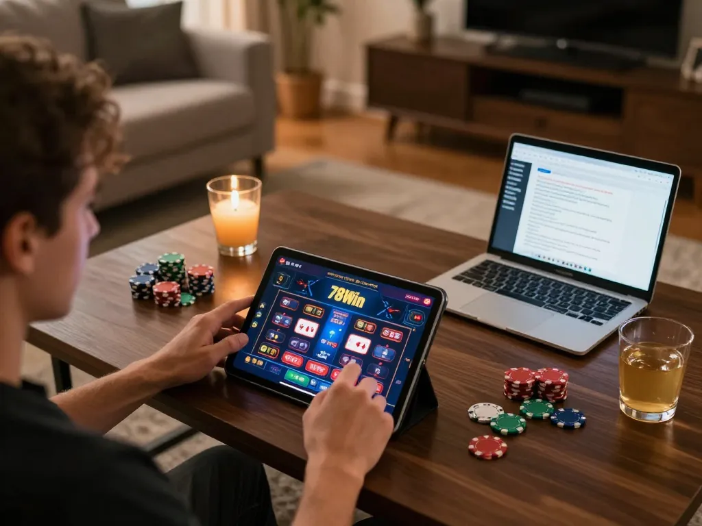 Engaged player using the 78win mobile app in a cozy home setting for online gambling