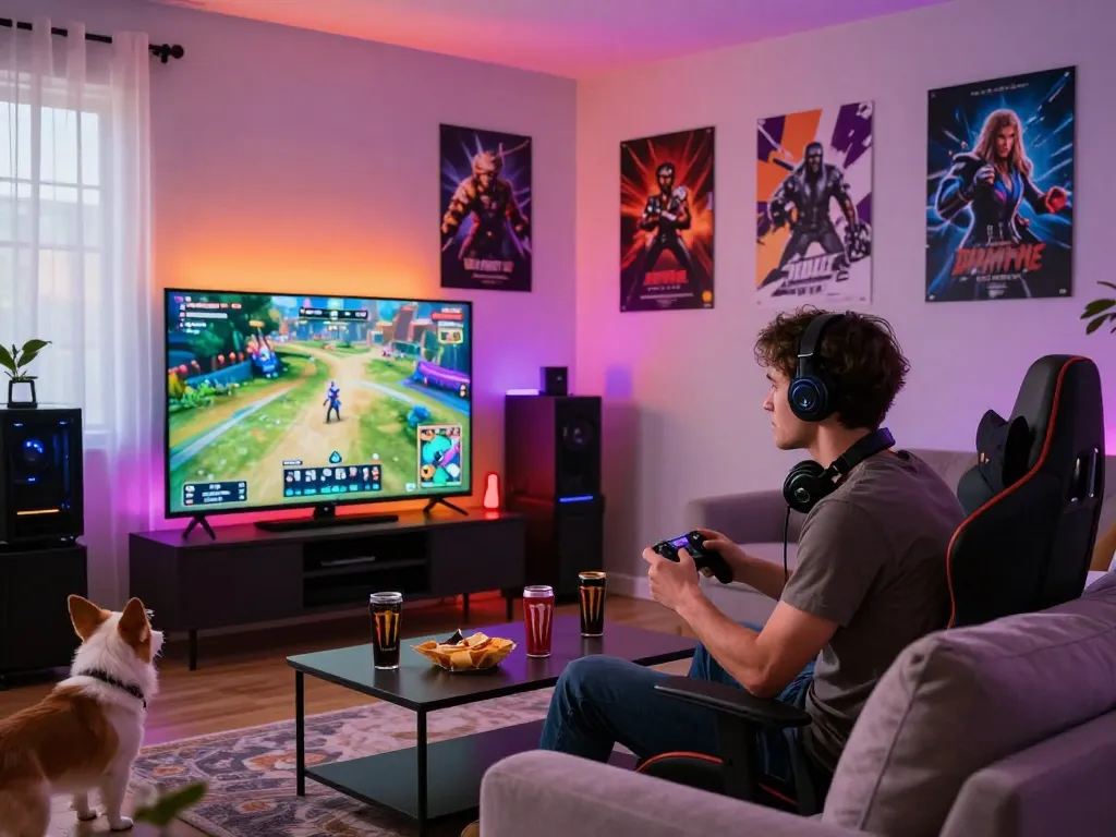 Engaging gamer immersed in gameplay on WOLES88 gaming console in a vibrant living room.